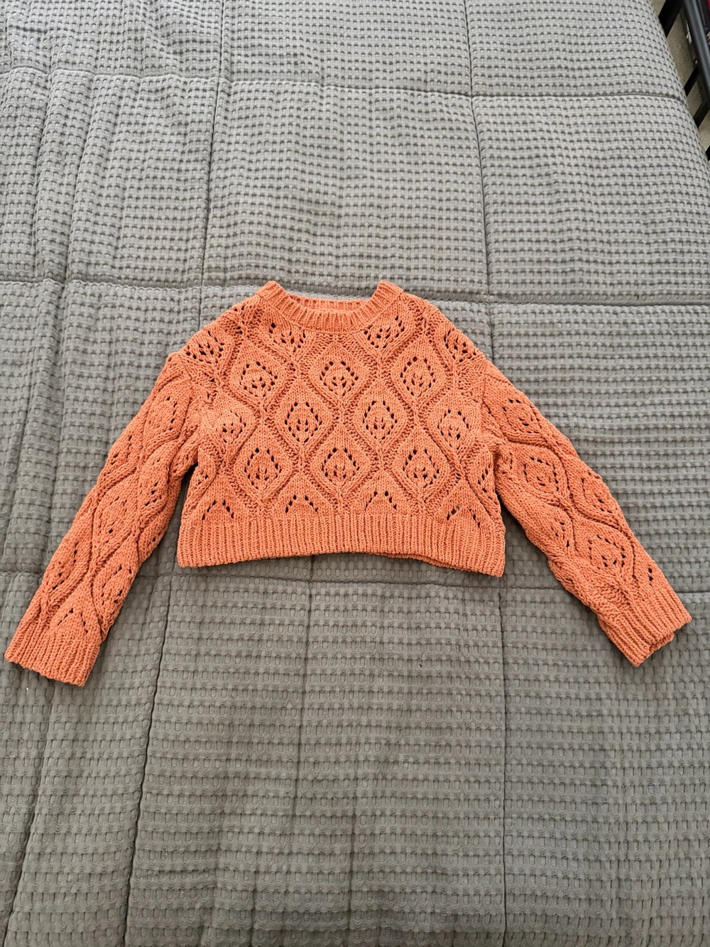 Zara Orange Openwork Cropped Crew Neck Sweater